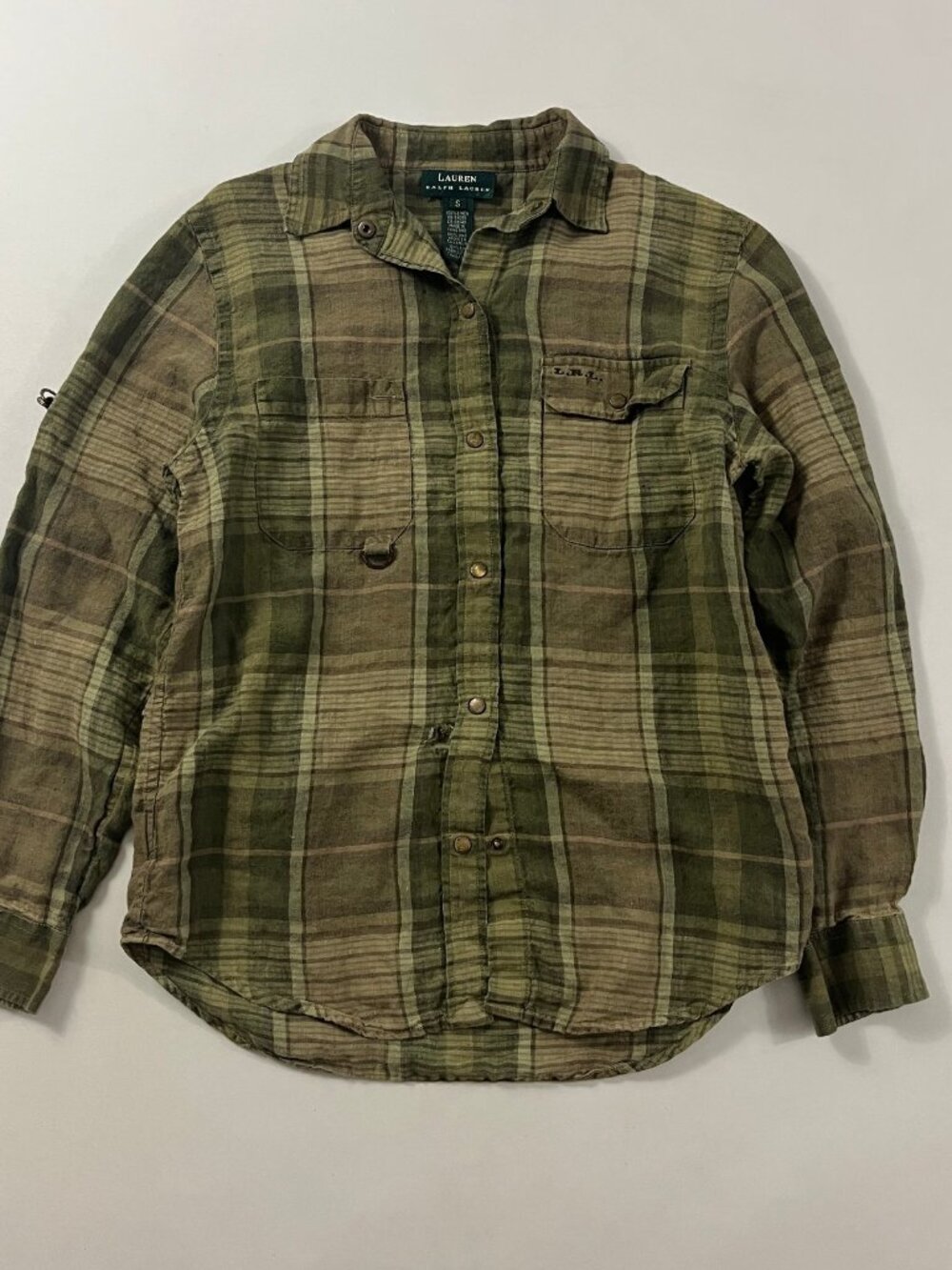 Lauren Ralph Lauren Olive Green Plaid Linen Snap Button Utility Shirt Jacket S